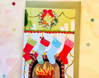 Christmas Stockings Cosy Whimsical Greeting Card