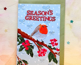 Christmas Winter Season's Greetings Robin Whimsical Greeting Card