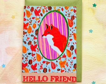 Hello Friend Autumn Fox Whimsical Greeting Card