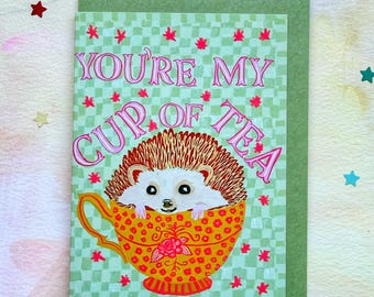 Cup of Tea Hedgehog Love Whimsical Greeting Card
