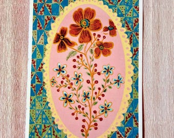 Floral Quilt Print | A5 Hand-Drawn Botanical Wall Art, Cottagecore Decor