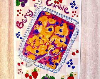 Berry Crumble Kitchen Print A4 | Cozy Food Illustration, Dopamine Colourful Cottage Decor, Baking Art