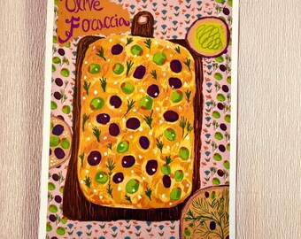 Olive Focaccia Kitchen Print A5 | Cozy Baking Food Illustration Wall Art