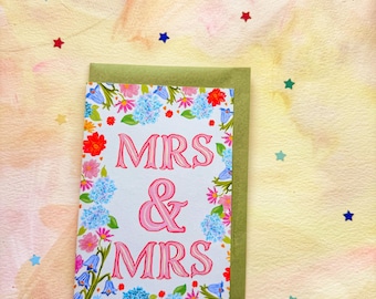 Mrs & Mrs LGBTQ+ Whimsical Floral Wedding Greeting Card