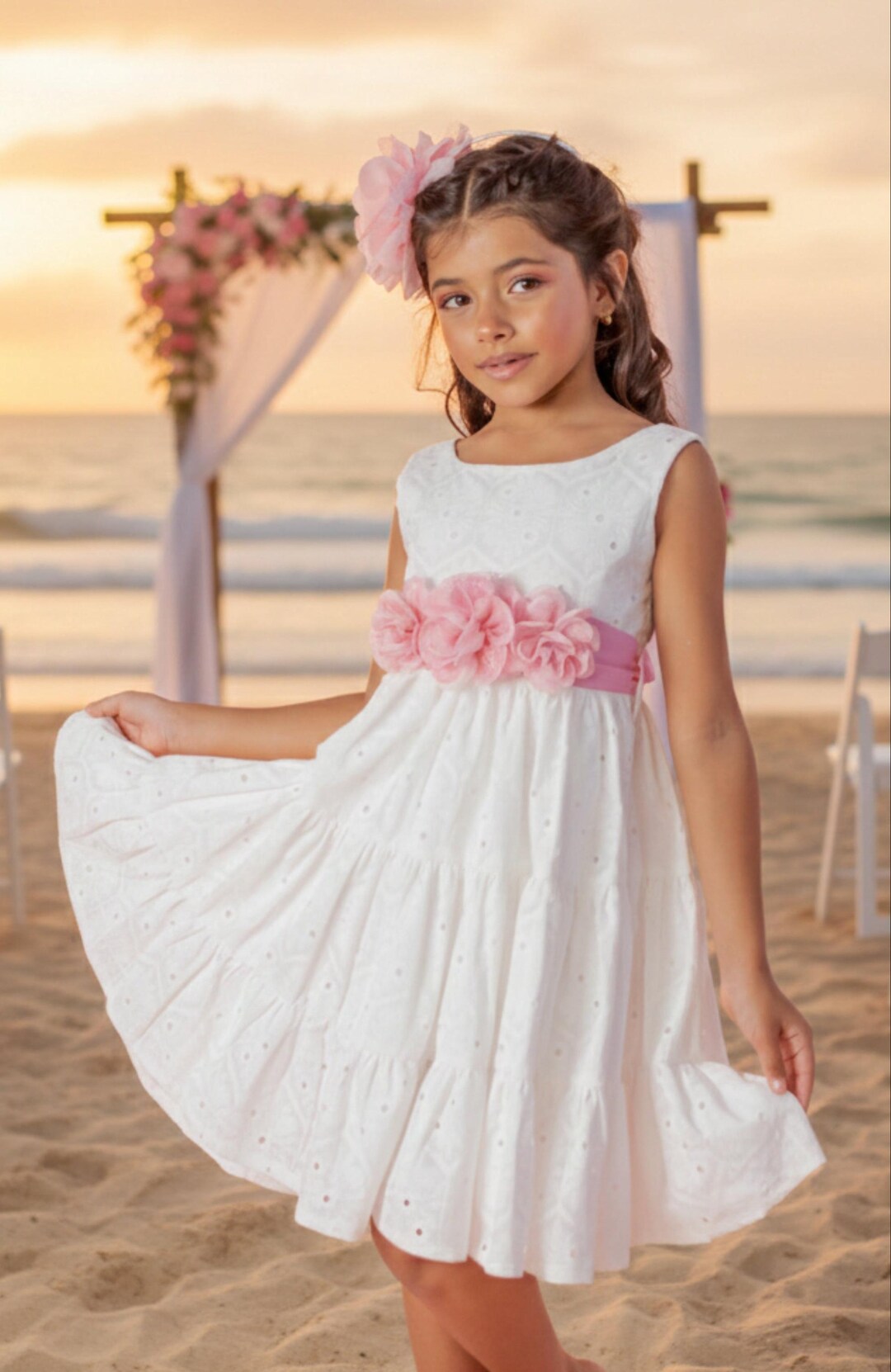 White Flower Girl Dress With Pink Floral Waist – Elegant Wedding Dress ...