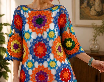 Crochet Granny Square Top Pattern | Boho Floral Tunic (PDF File)