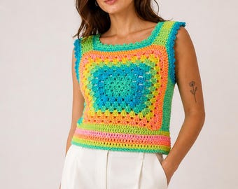 Granny Square Tank Top Crochet Pattern | Boho Summer Crop Top (PDF Download)