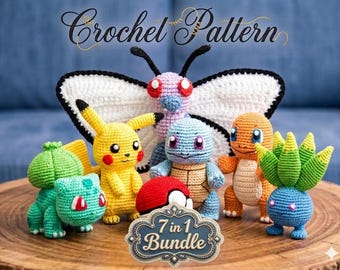 Pokemon Crochet Pattern | Pokemon Amigurumi Set of 7 | Beginners Friendly Instant Download Step by Step PDF's