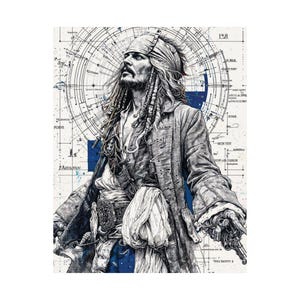 May include: Black and white illustration of a character from the Pirates of the Caribbean film series. The character is wearing a bandana, coat, and holding a pistol. The background features a blueprint design with blue accents.