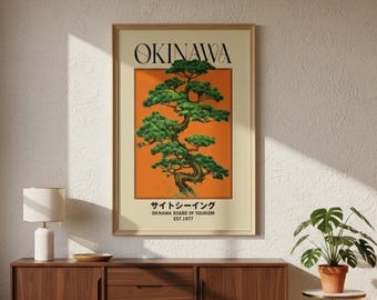 Vintage Okinawa Japan Poster - Retro Bonsai Tree Poster - Mid-Century Japanese Wall Decor - Canvas Print for Living Room - Gift Idea