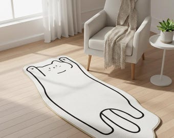 Minimalist Cat Rug – Black and White Bedside Rug – Plush Bedroom Decor – Mid-Century & Scandinavian Style