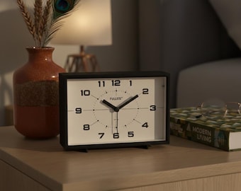 Minimalist Vintage Black Clock - Bauhaus Style Desk Alarm Clock - Mid-Century Bedside Table, Retro Chic Living Room Decor