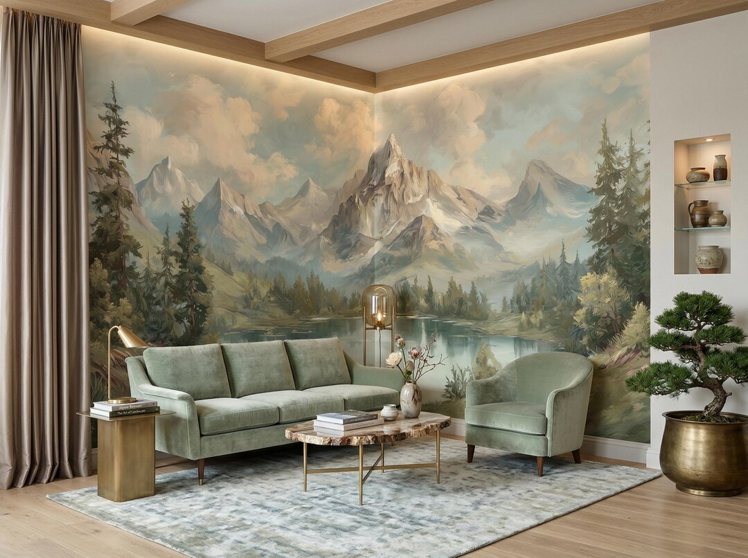 Mountain Landscape Wall Mural, Alpine Lake Peel and Stick Wallpaper ...