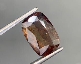 Peut inclure: Une pierre précieuse marron à facettes, tenue par une pince métallique. La gemme a une taille coussin rectangulaire avec de multiples facettes qui réfléchissent la lumière. La couleur varie du brun rougeâtre foncé au brun doré plus clair. Le fond est gris uni.