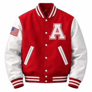 Peut inclure: Veste universitaire rouge et blanche avec un écusson du drapeau américain sur la manche gauche. La veste présente des manches blanches, un grand "A" blanc sur la poitrine et des détails rayés blancs et rouges sur le col, les poignets et l'ourlet.