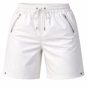 May include: White shorts with a drawstring waist and two zippered pockets. The shorts have a shiny, smooth texture and silver-toned hardware. The shorts are knee-length and have a casual style.