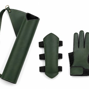May include: A dark green archery set consisting of a cylindrical quiver with an adjustable shoulder strap, a forearm guard with three black elastic straps, and a three-finger archery glove with a black wrist closure and black side panels.