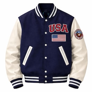 Women's Navy Wool & Leather Varsity Jacket – American College Style Letterman USA Embroidery