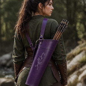 Lila Läderbågskyttekoger – Broderad Pilhållare, Justerbar Rem, Cosplay-koger
