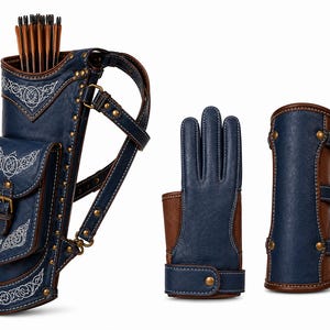 May include: A blue and brown archery set consisting of a quiver filled with arrows, a three-fingered glove, and a forearm bracer. Each piece features blue leather panels, brown leather trim, brass-toned metal rivets, and white decorative knotwork.