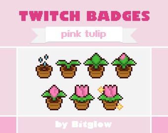 Pink Tulip Twitch Sub Badges Pixel Art Flower Loyalty Badge Set Kawaii Streamer Bit Icons 18x18 36x36 72x72 Digital Download