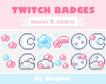 Moon and Stars Pink Blue Twitch Sub Badges Pixel Art Celestial Loyalty Badge Set Night Sky Streamer Icons 18x18 36x36 72x72 Digital Download