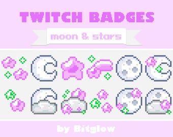 Twitch Sub Badges Celestial Pixel Moon Stars Loyalty Badges Purple Green Kawaii
