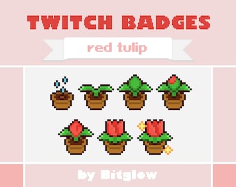 Red Tulip Twitch Sub Badges Pixel Art Flower Loyalty Badge Set Cozy Streamer Icons 18x18 36x36 72x72 Digital Download