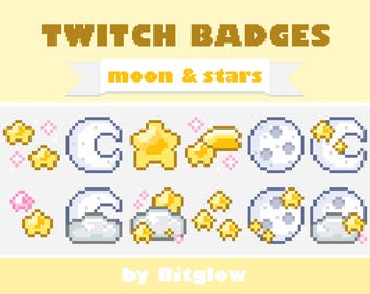 Moon and Stars Twitch Sub Badges Pixel Art Celestial Loyalty Badge Set Night Sky Streamer Icons 18x18 36x36 72x72 Digital Download