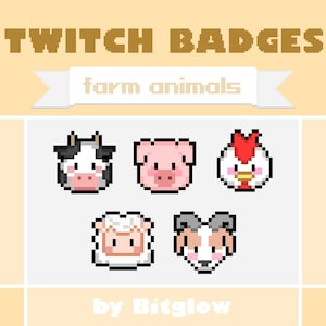 Twitch Sub Badges Farm Pixel Art Cute Animals Stream Loyalty Pack Cow Pig Rooster Sheep Goat