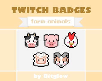 Twitch Sub Badges Farm Pixel Art Cute Animals Stream Loyalty Pack Cow Pig Rooster Sheep Goat