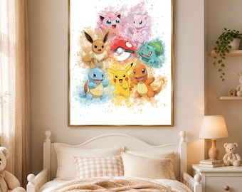 Láminas decorativas de Pokémon para la habitación infantil / Decoración para la habitación de los niños / Set de pósteres de Pokémon en acuarela / Regalo imprimible para bebé niño / Regalo para niño