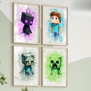 Könnte beinhalten: Vier gerahmte Aquarelldrucke mit Charakteren aus einem Videospiel. Die Drucke zeigen einen Enderman, eine Figur mit braunen Haaren und einem blauen Hemd, einen Zombie und einen Creeper, alle vor farbenfrohen Aquarellhintergründen.