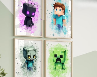 Juego de 4 láminas de arte mural de videojuegos en acuarela - Descarga digital para habitación de niños, guardería, sala de juegos, regalo para gamers, regalo de videojuegos para niños estilo boho