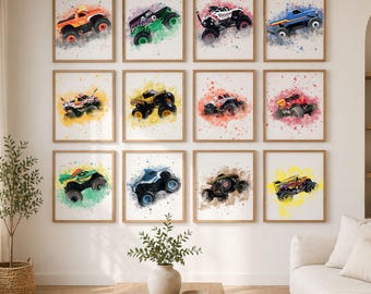 Láminas decorativas de Monster Jam, láminas de camiones, juego de 12 láminas descargables, decoración de pared infantil con temática de camiones monstruo, decoración de pared para habitaciones.