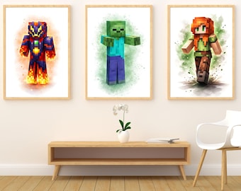 Juego de 4 impresiones de personajes de videojuegos en acuarela / Arte mural inspirado en Minecraft (descarga digital)
