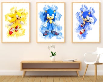 Conjunto de 3 pósteres de acuarela, póster de videojuego, arte de pared de Sonic the Hedgehog, niña, niño, niño, decoración de pared, descarga digital imprimible en acuarela