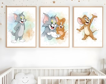 Juego de 3 impresiones de arte de pared con dibujos de gatos y ratones / Decoración divertida para habitación infantil / Descarga digital imprimible / Juego de pósteres para dormitorio infantil y infantil