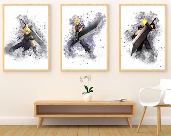 Conjunto de 3 láminas de arte mural de espadachines de anime / Póster de guerrero con pelo puntiagudo / Decoración inspirada en videojuegos / Arte mural imprimible / Decoración para habitación de adolescente / Acuarela
