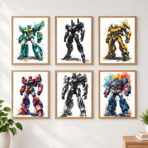 May include: A set of six framed wall art prints featuring various robot characters in dynamic poses. The collection includes illustrations of green, yellow, red, blue, and monochromatic mechanical figures rendered with watercolour-style accents.