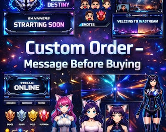 Paquete de transmisión personalizado / Superposición de Twitch, logotipo, emoticonos, insignias de suscriptor, intro y outro animados / Modelo VTuber 2D 3D / Kit completo de marca para transmisión