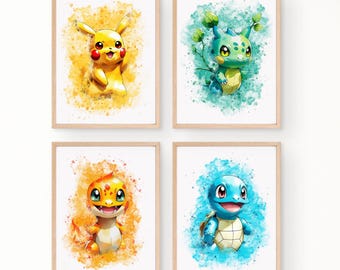Juego de 4 láminas decorativas de Pokémon para la habitación infantil / Láminas de dibujos animados / Decoración para la habitación de niños / Arte infantil con temática de acción / Pósteres estilo acuarela