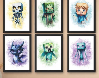 Juego de 6 impresiones de pared gamer con bloques de acuarela, decoración para dormitorio gamer, pósteres para habitación infantil gamer, descarga digital