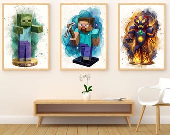 Juego de 4 impresiones de videojuegos en acuarela / Arte mural personalizado para habitación infantil (descarga digital)