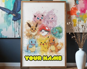 Láminas decorativas personalizadas de Pokémon para la habitación del bebé / Decoración para la habitación infantil / Set de pósteres de Pokémon en acuarela / Regalo imprimible para bebé niño / Regalo para niño