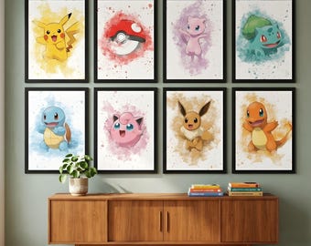 Conjunto de 8 láminas decorativas de Pokémon para la habitación infantil, decoración para cuarto de niños, conjunto de pósteres de Pokémon en acuarela, regalo imprimible para bebé niño