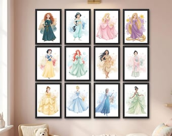 Conjunto de 14 láminas de princesas en acuarela para pared, arte digital de princesas, láminas para guardería, decoración para habitación de niñas (descarga digital).