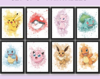 Conjunto de 8 láminas decorativas de Pokémon para la habitación infantil, decoración para cuartos de niños, conjunto de pósteres de Pokémon en acuarela, regalo imprimible para bebé niño (descarga digital).