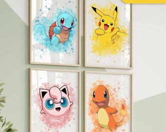 Juego de 4 láminas decorativas de Pokémon para la habitación infantil, decoración para cuarto de niños, juego de pósteres de Pokémon en acuarela, regalo imprimible para bebé niño