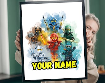Láminas personalizadas de ninjas para niños / Láminas de dibujos animados de guerreros / Decoración personalizada para la habitación de niños / Arte infantil con temática de acción